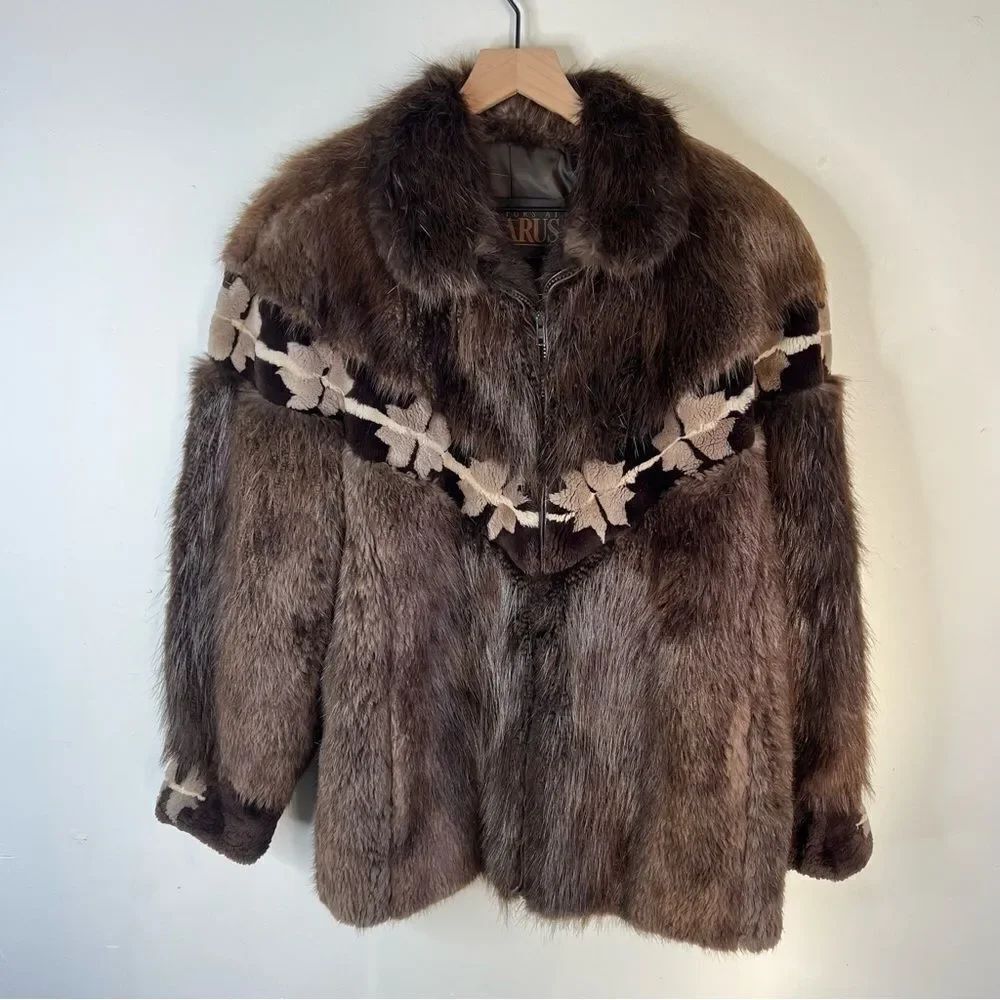 Brown Beaver Fur Teddy Jacket with Western Pattern Evans Furs at Lazarus Coat